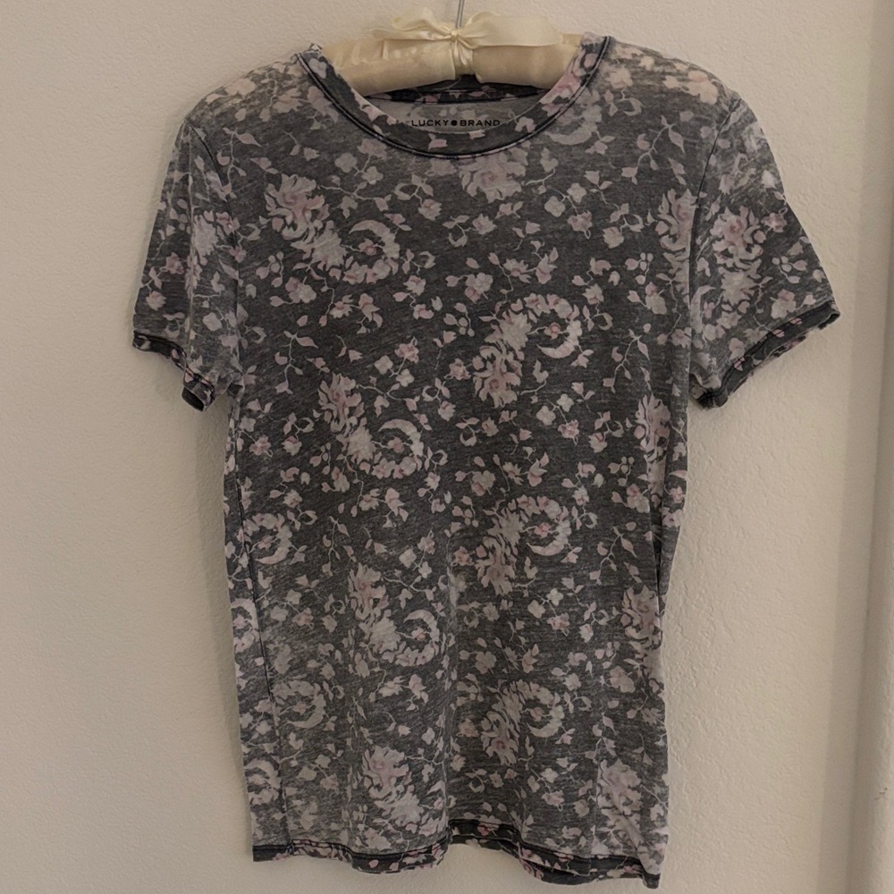 Lucky Brand Gray and Pink Floral Tee